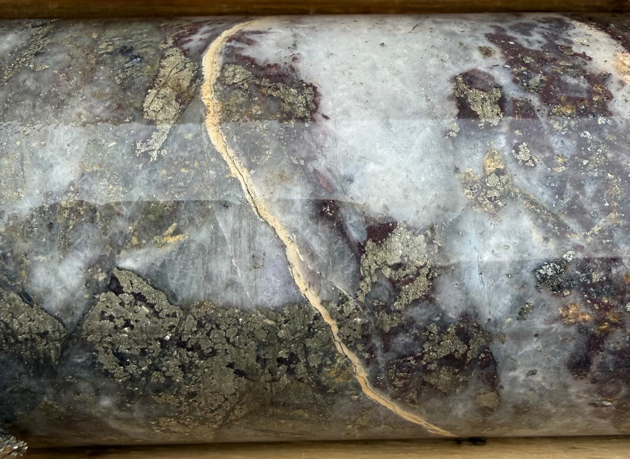 Drill core showing a quartz vein with sulfide bands from Princesa Lara