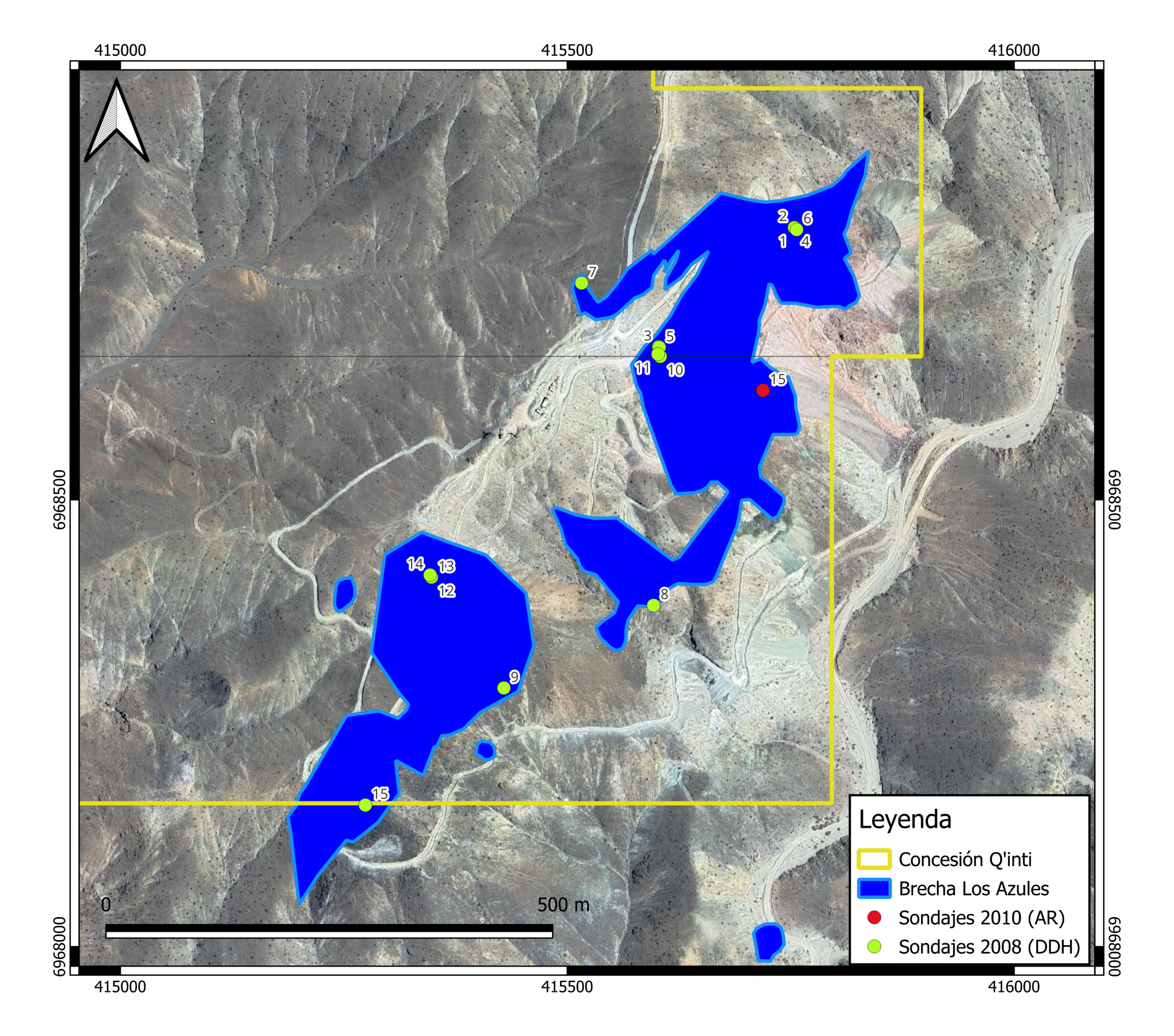 Q'Inti concession map with historical drill collars
