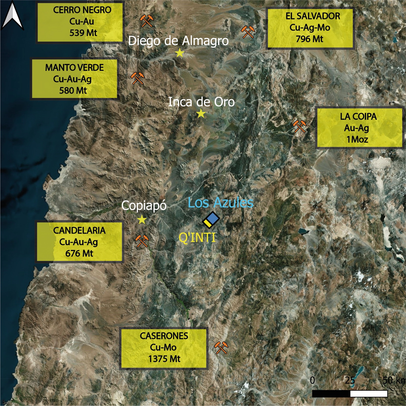 Regional map showing Q’Inti in the Atacama metallogenic belt alongside Candelaria, Caserones, El Salvador, and other major deposits
